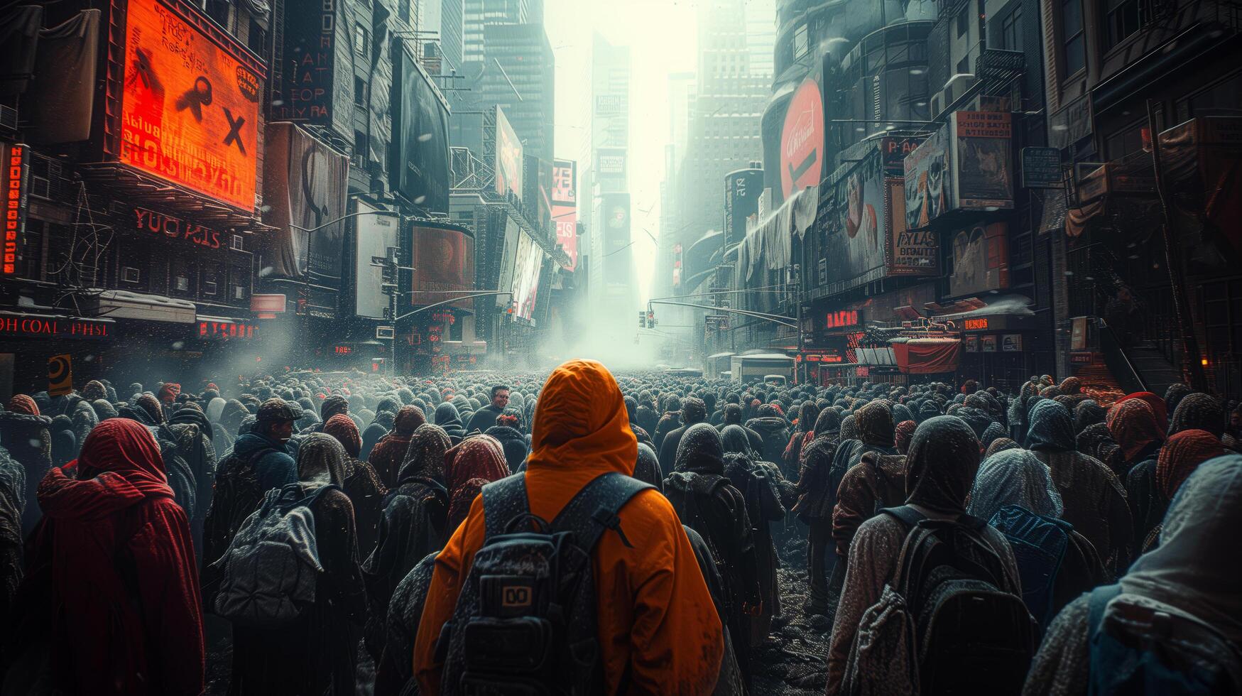 Frightened crowd of people in panic amid explosion of new Virus X or Disease X on street of metropolis - back view photo