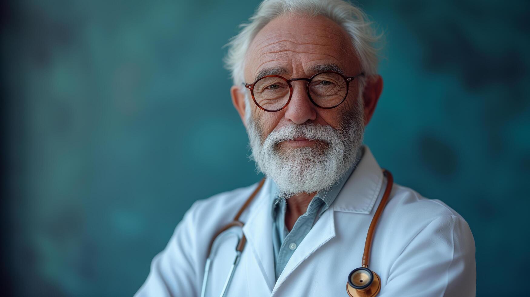 Elderly bearded male doctor in white uniform with stethoscope on the background of medical research laboratory photo