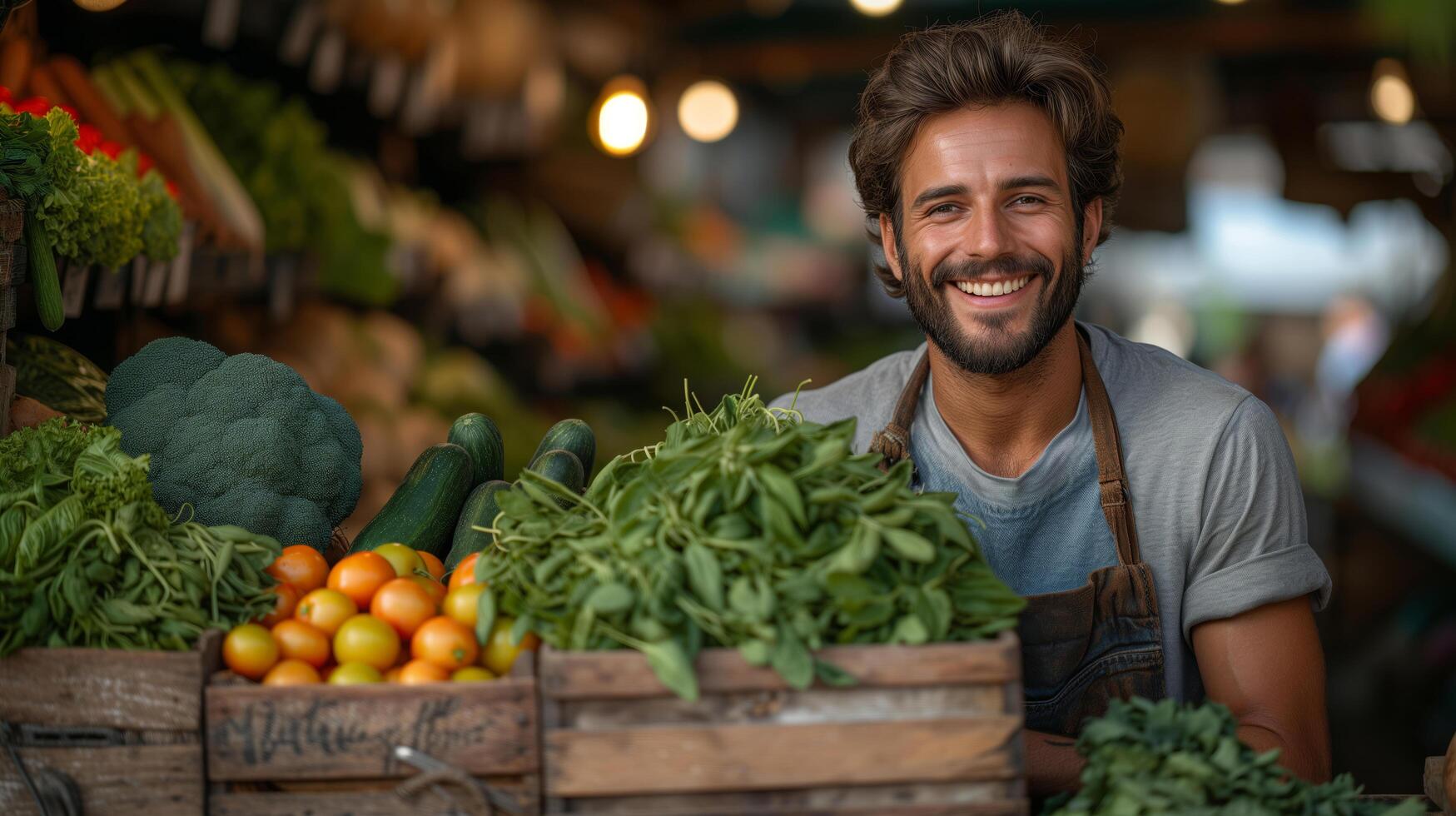 Close-up portrait young man farmer holding wooden box with fresh vegetables, sell products at the market or shop photo