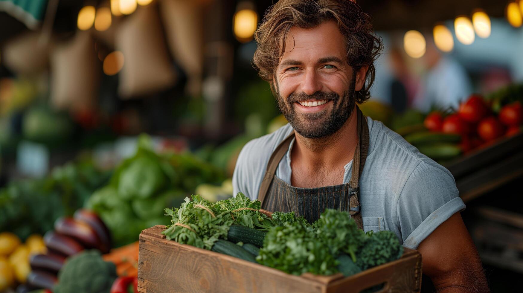 Close-up portrait young man farmer holding wooden box with fresh vegetables, sell products at the market or shop photo