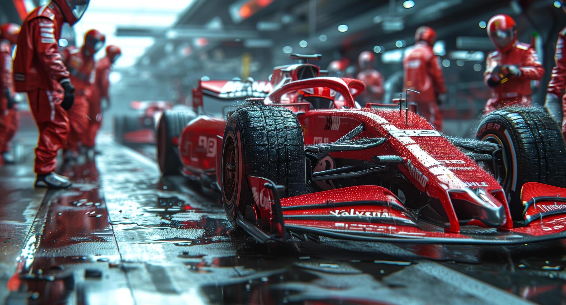 Professional pit crew ready for action as their team's race car arrives in the pit lane during a pitstop of a car race photo