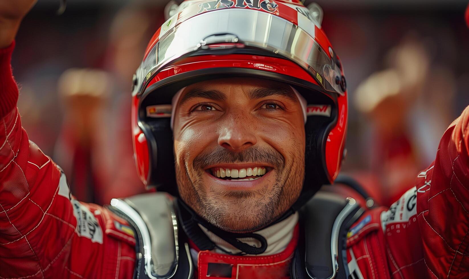 Formula one racing team driver cheering, celebrating victory on sports track photo