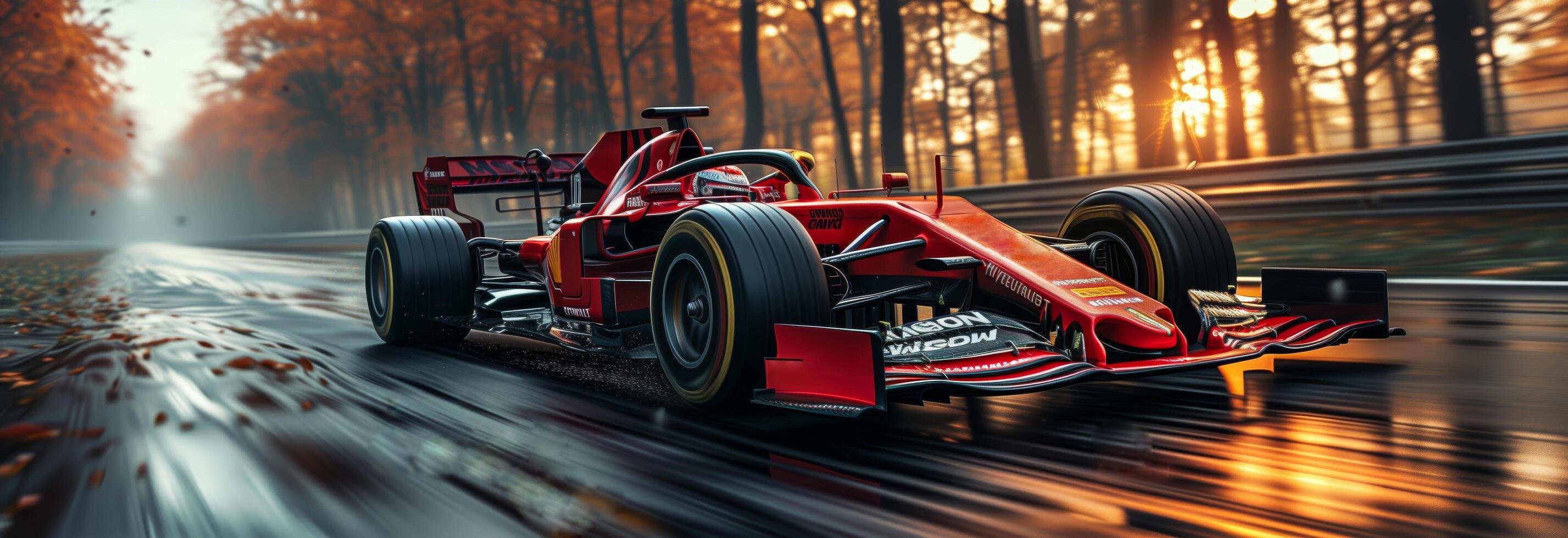 Formula one moving generic race car racing down the track with motion blur on sunset photo