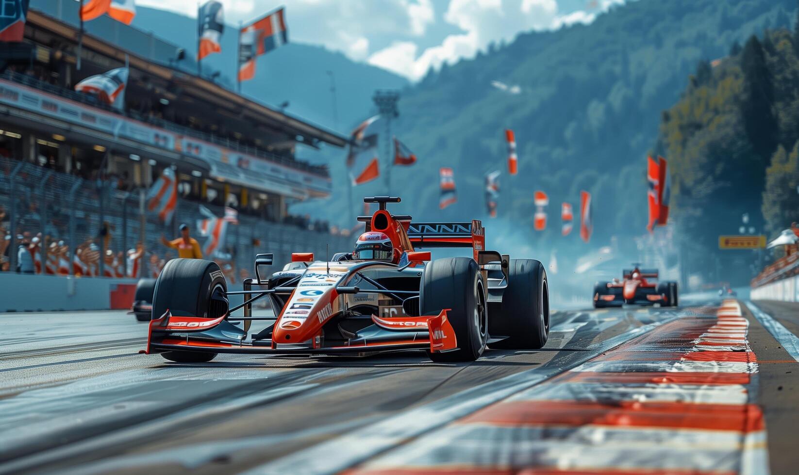 Formula one race, with several cars competing at high speed on a modern track photo
