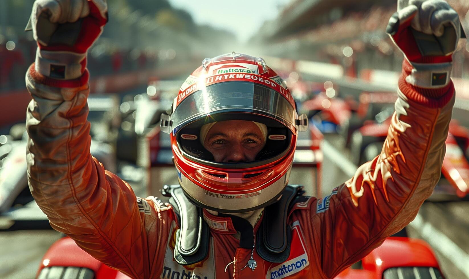 Formula one racing team driver cheering, celebrating victory on sports track photo