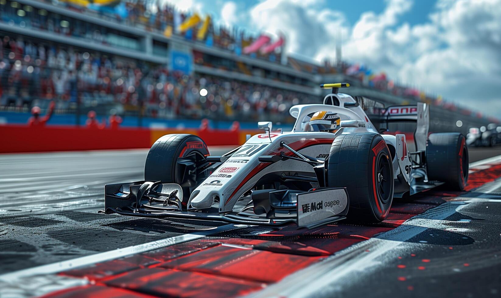 Formula one race, with several cars competing at high speed on a modern track photo