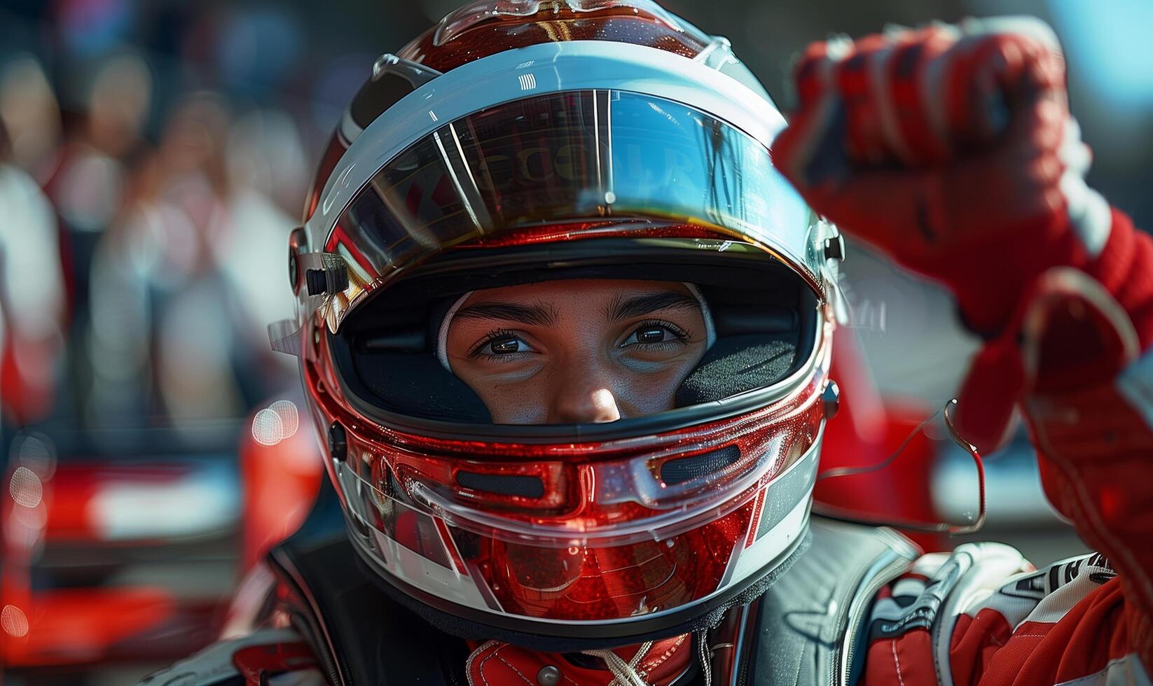 Formula one racing team driver cheering, celebrating victory on sports track photo