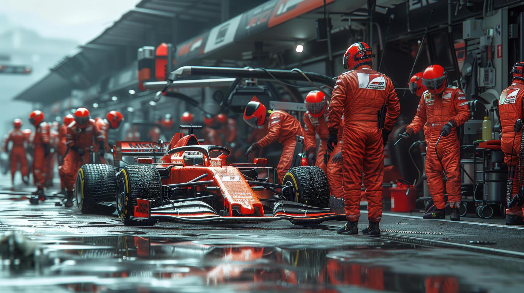 Professional pit crew ready for action as their team's race car arrives in the pit lane during a pitstop of a car race photo