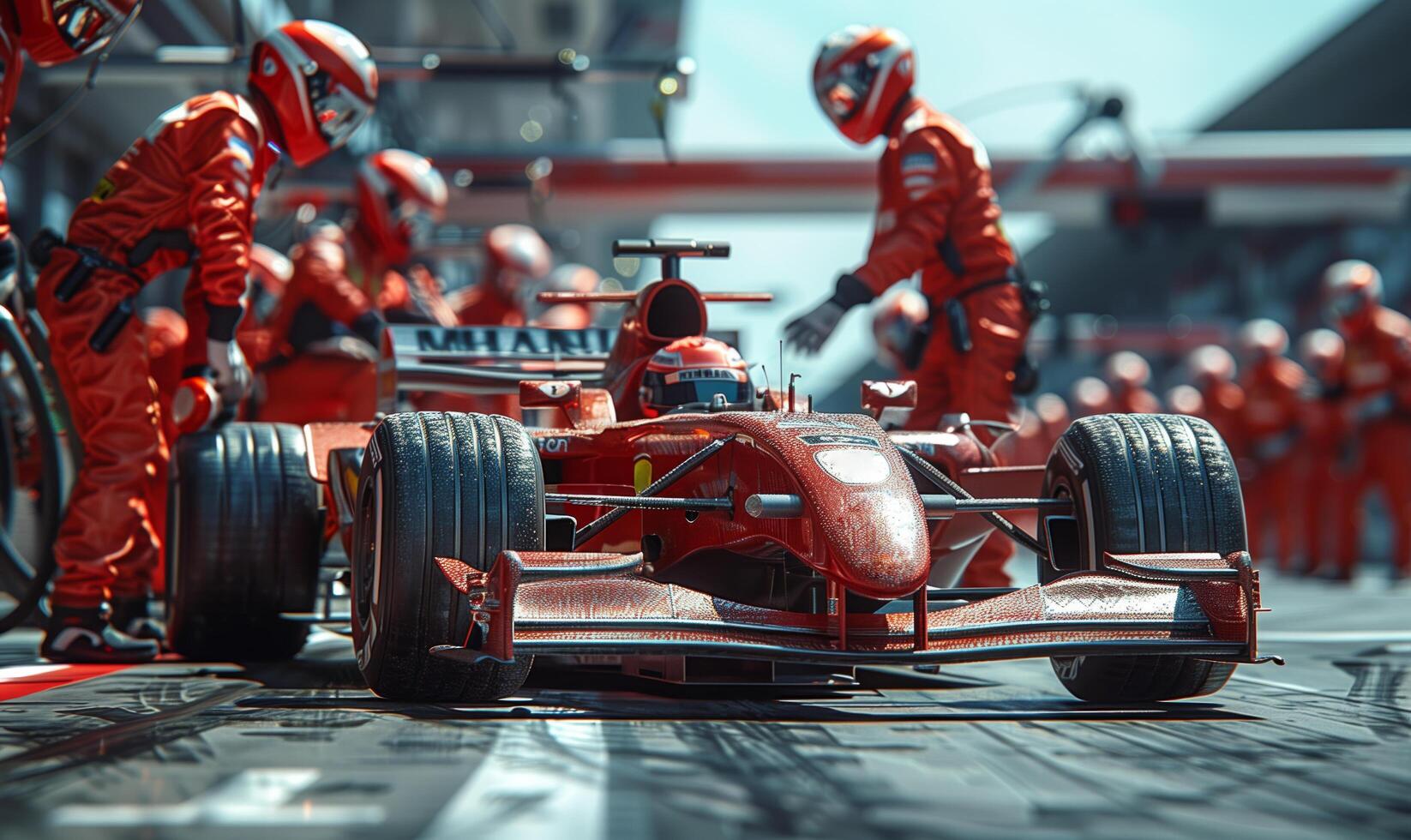Professional pit crew ready for action as their team's race car arrives in the pit lane during a pitstop of a car race photo