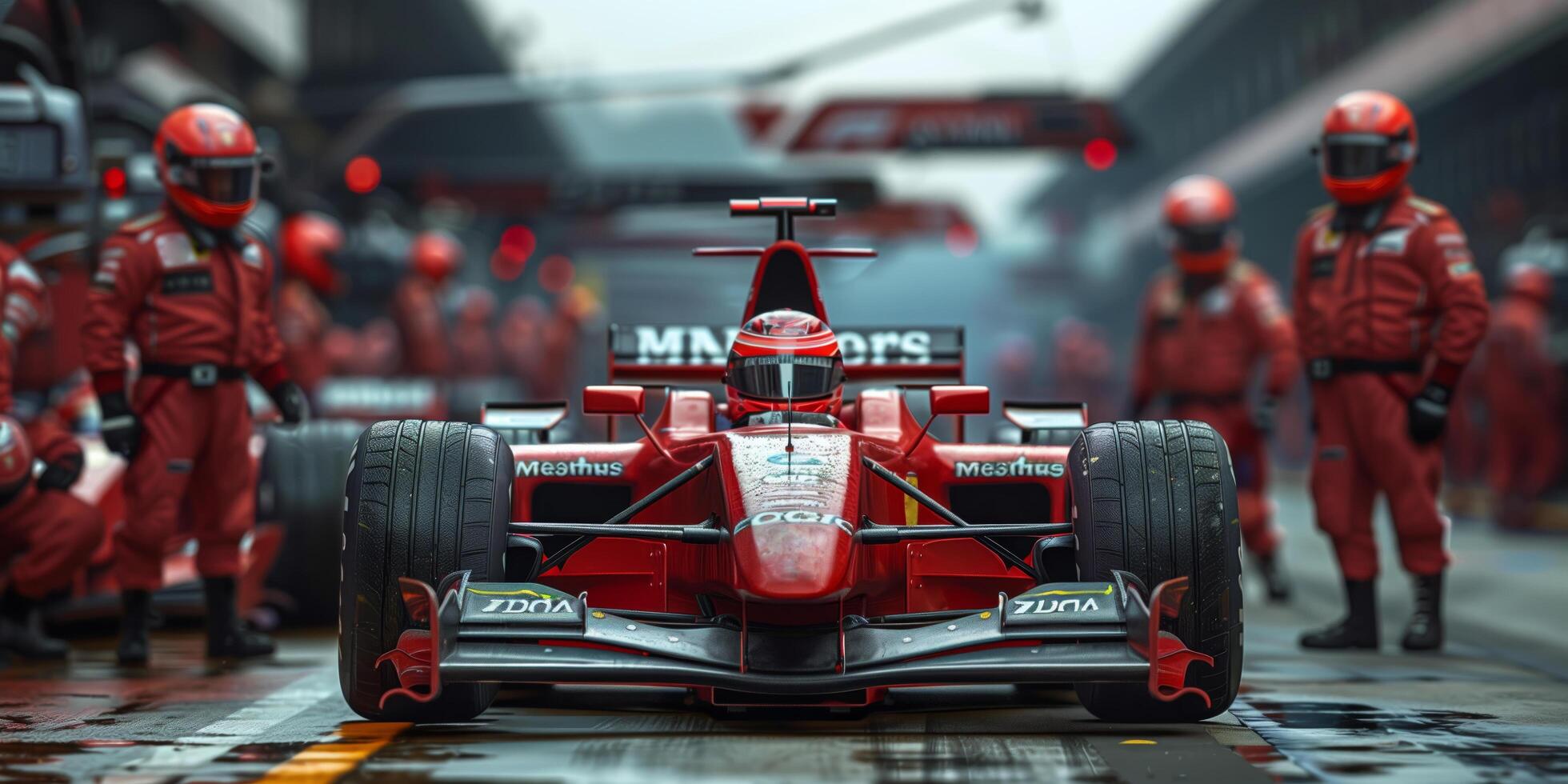 Professional pit crew ready for action as their team's race car arrives in the pit lane during a pitstop of a car race photo