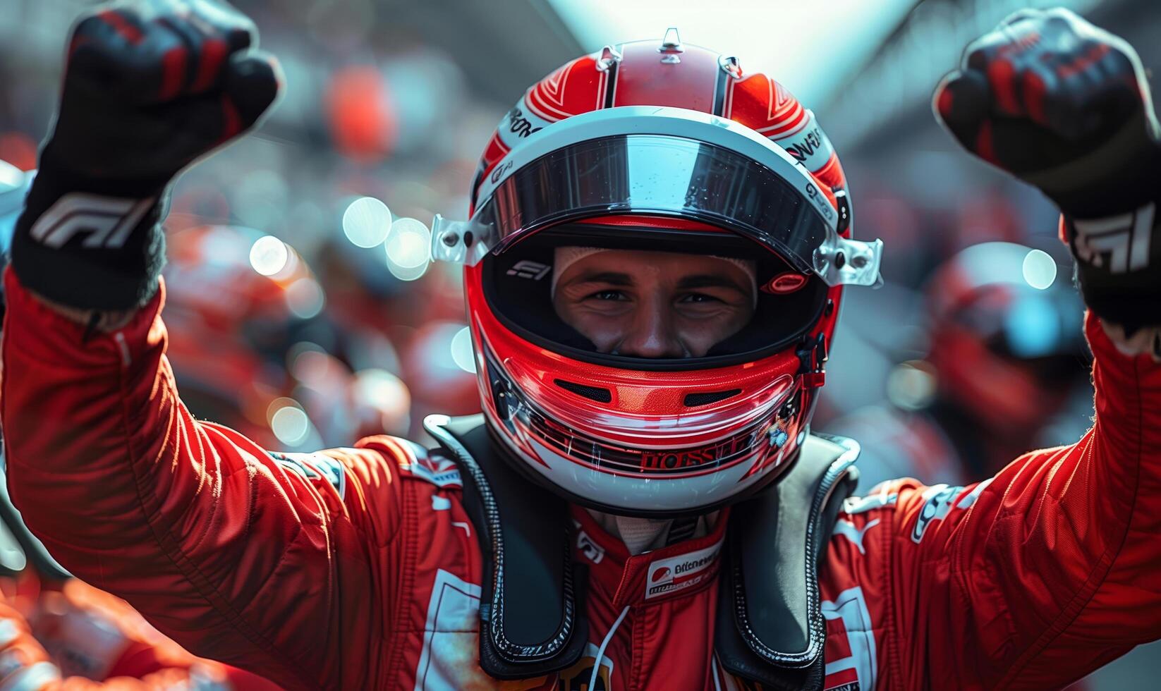 Formula one racing team driver cheering, celebrating victory on sports track photo