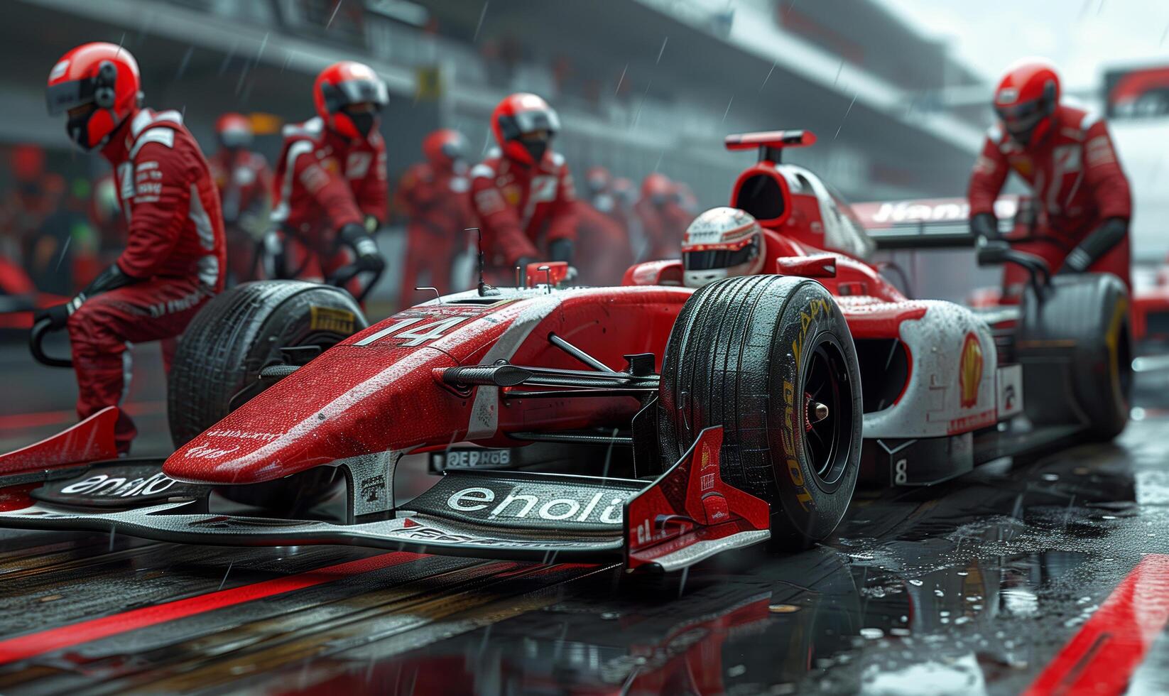 Professional pit crew ready for action as their team's race car arrives in the pit lane during a pitstop of a car race photo