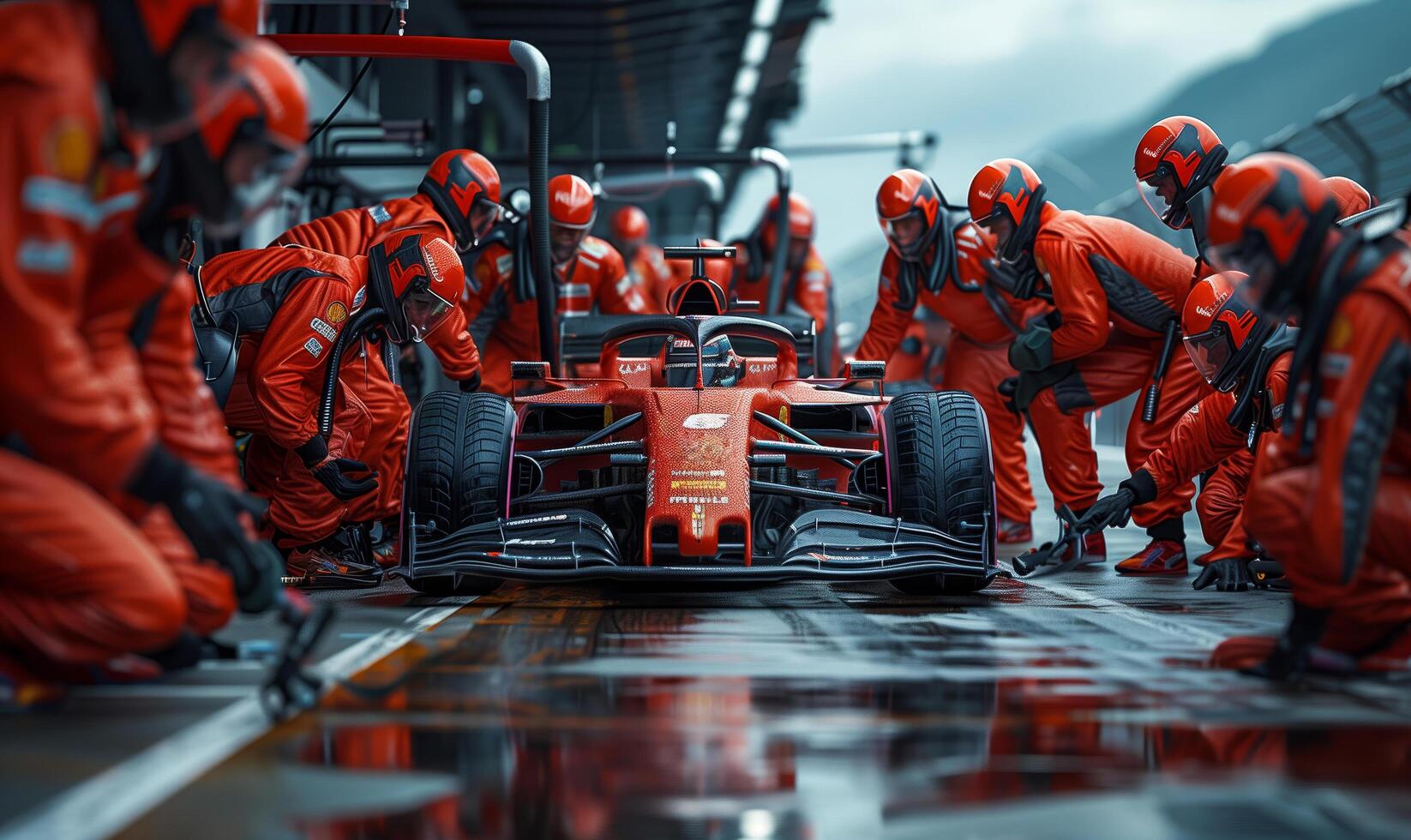 Professional pit crew ready for action as their team's race car arrives in the pit lane during a pitstop of a car race photo