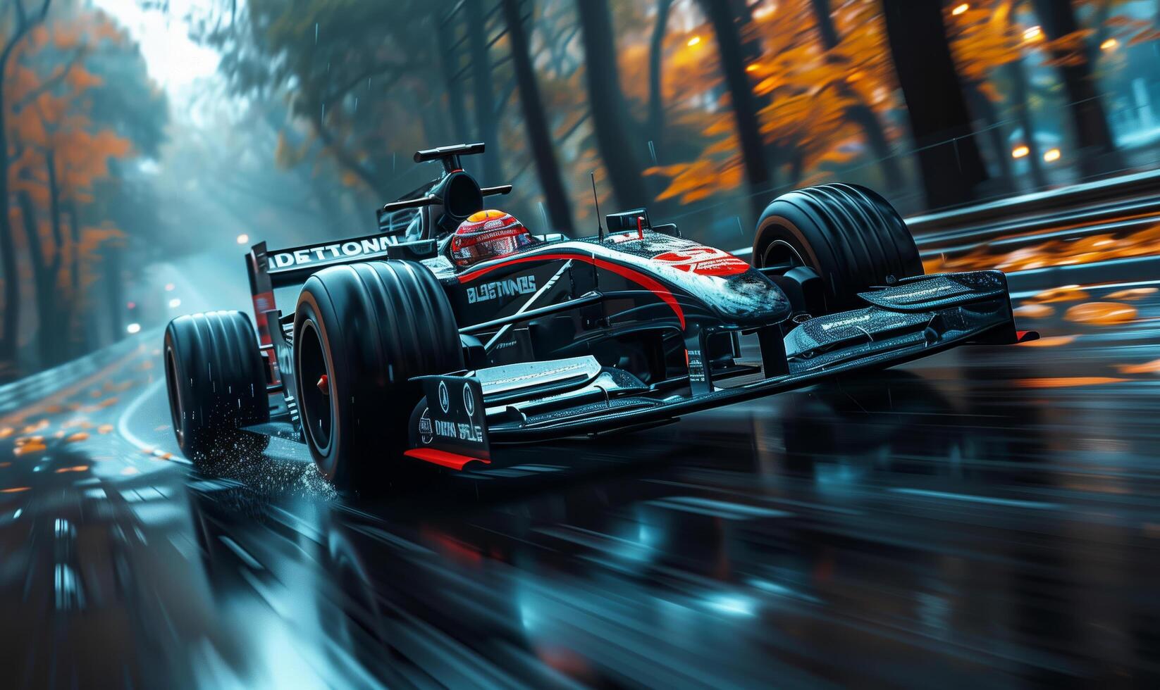 Formula one moving generic race car racing down the track with motion blur photo