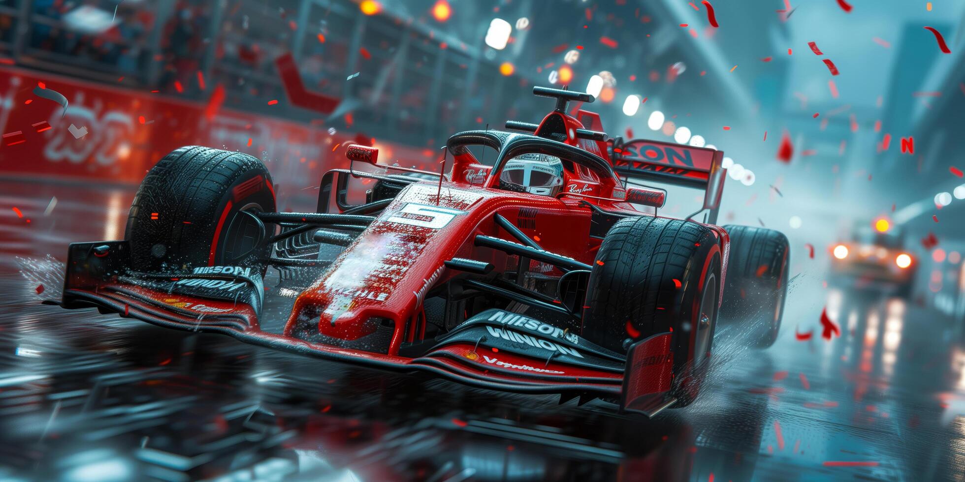 Race driver pass the finishing point and motion blur background photo