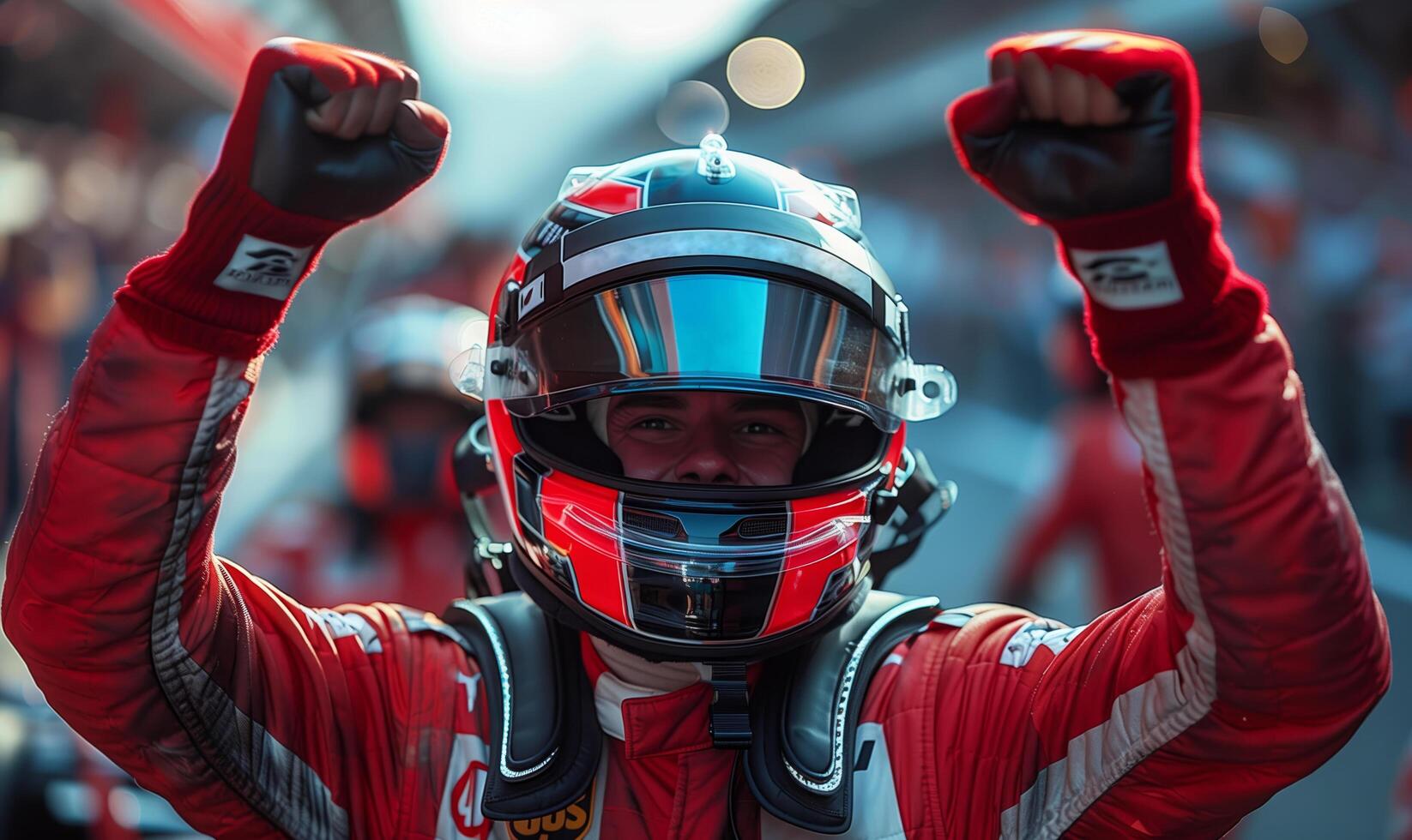 Formula one racing team driver cheering, celebrating victory on sports track photo