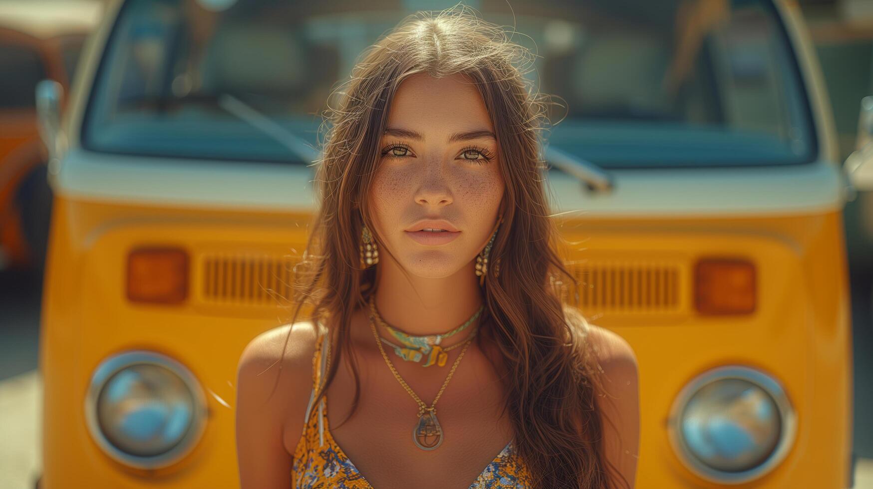 Portrait of a young modern urban hippie girl standing against the background of a yellow bus photo