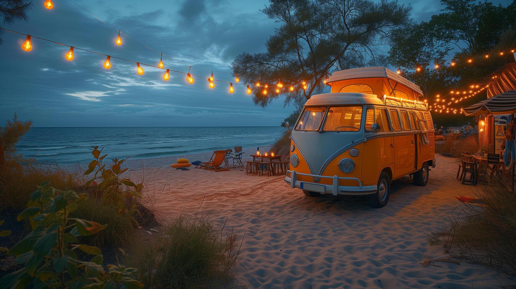 panoramic background of beach and ocean ,a yellow retro bus in beach with warm pendant lights hanging next to it photo