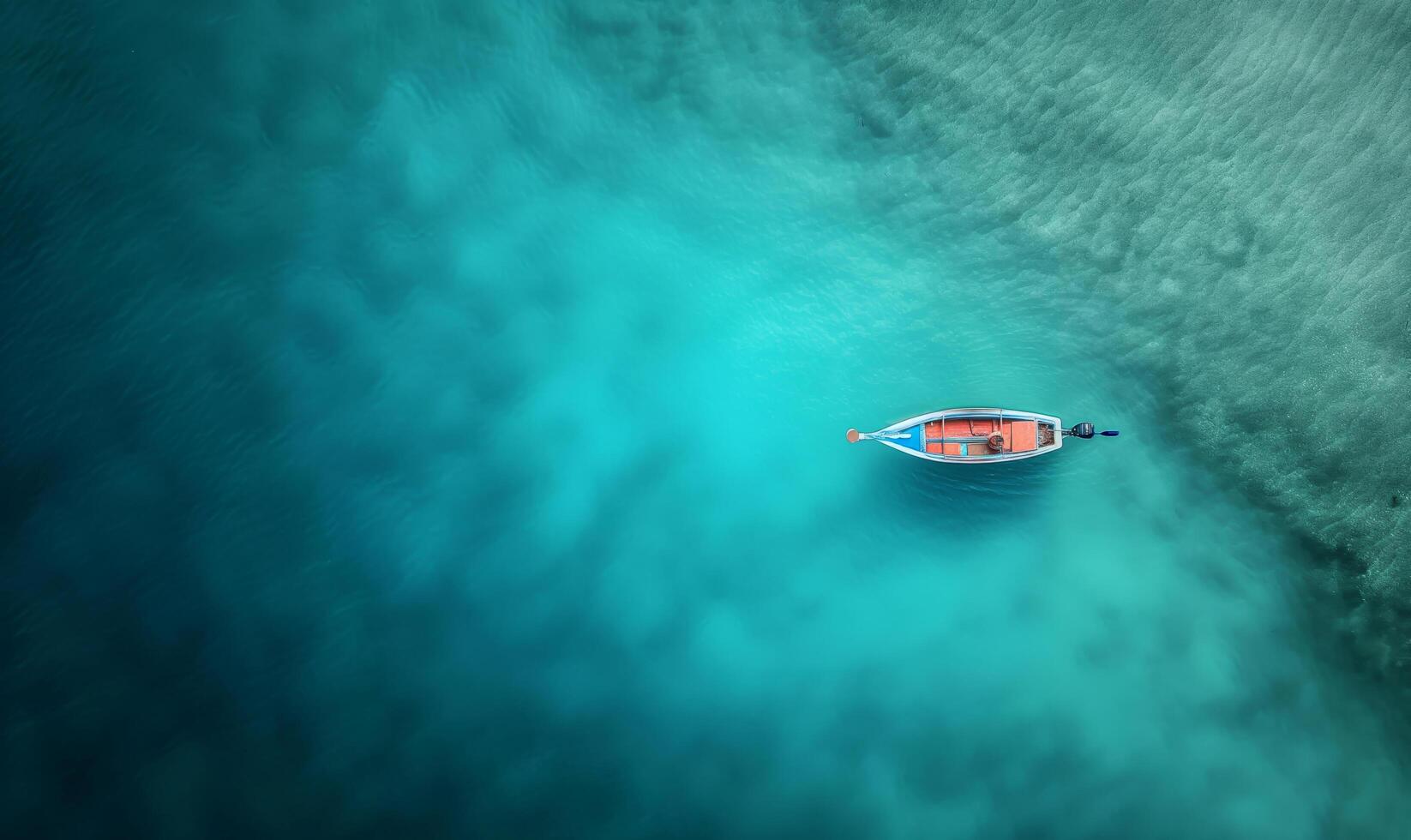 Boat on the water surface from top view, turquoise blue water background from top view, summer seascape from air, island, travel and vacation image photo