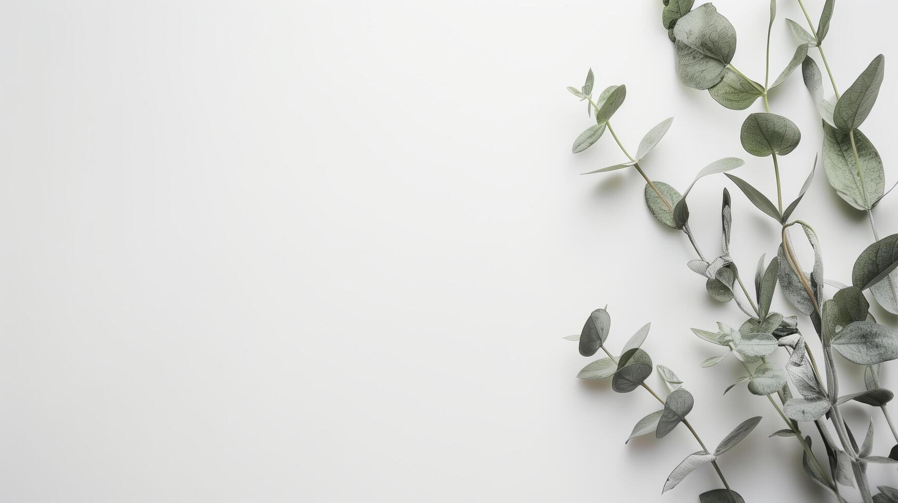 Eucalyptus branches are lying on a white background, leaving space for text or design photo