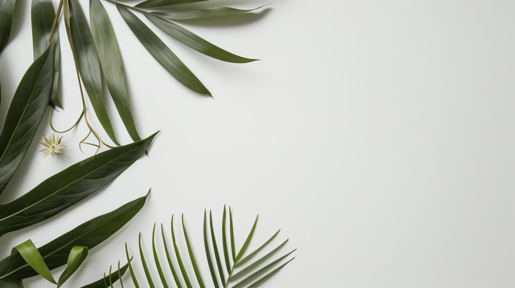 Tropical green leaves frame a white background, ideal for nature-themed projects. Fresh and vibrant, perfect for cards, social media, or banners photo