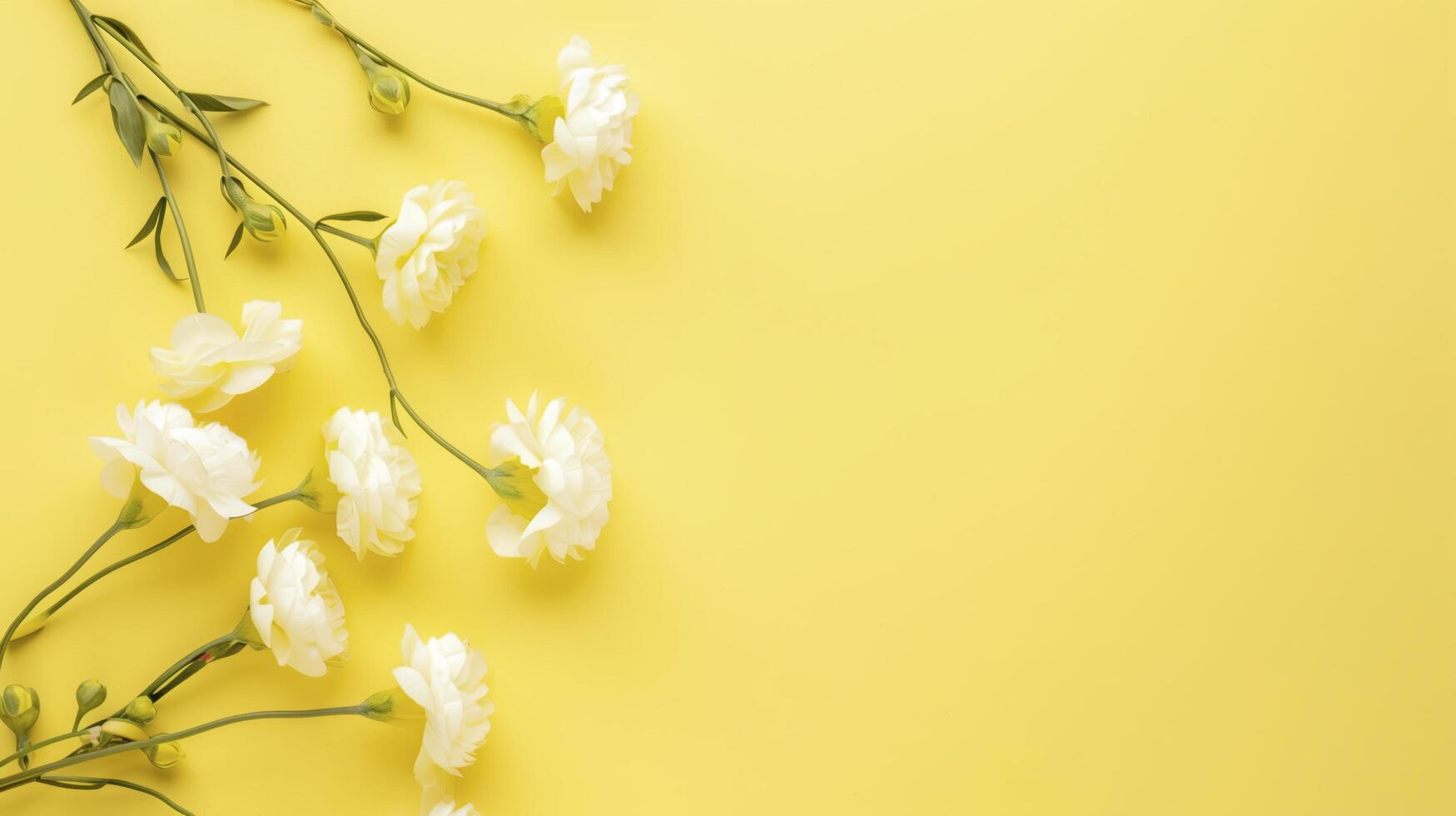 Delicate white carnations border a sunny yellow backdrop, perfect for romantic or joyful designs. Top view with copy space for cards or invitations photo