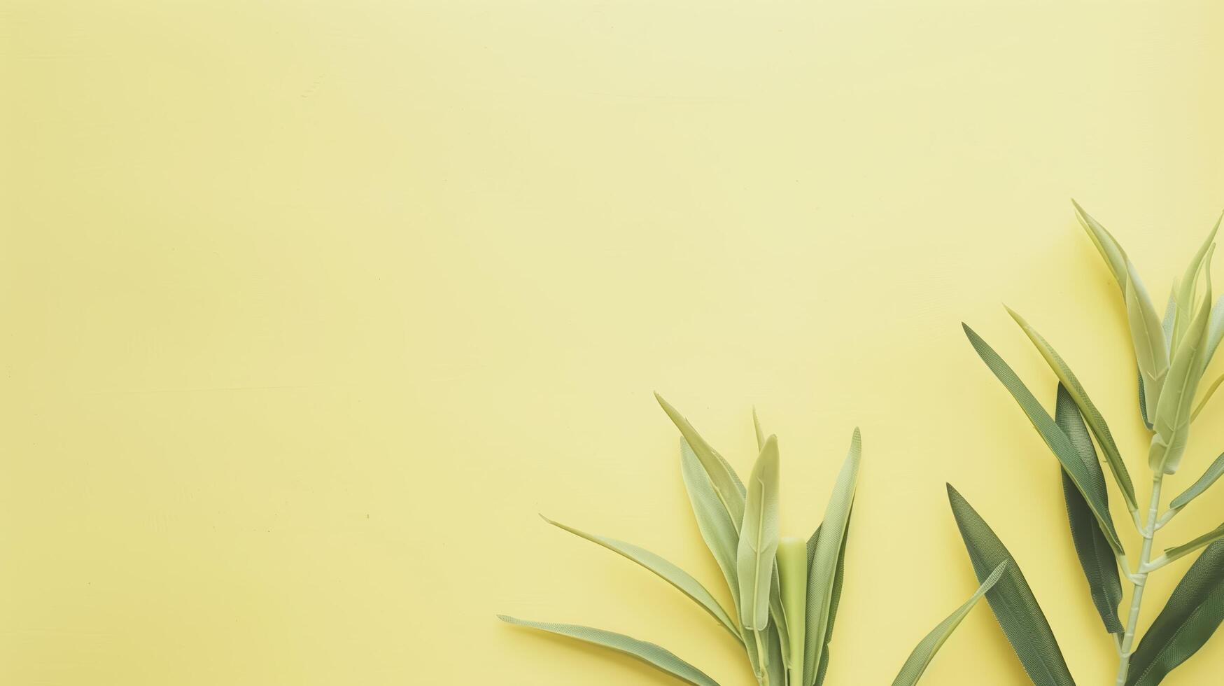 Elegant green olive branches on vibrant yellow background. Minimalist design with copy space. Symbolizing hope and victory. Perfect for cards. Invitations. Posters. Banners. Websites photo