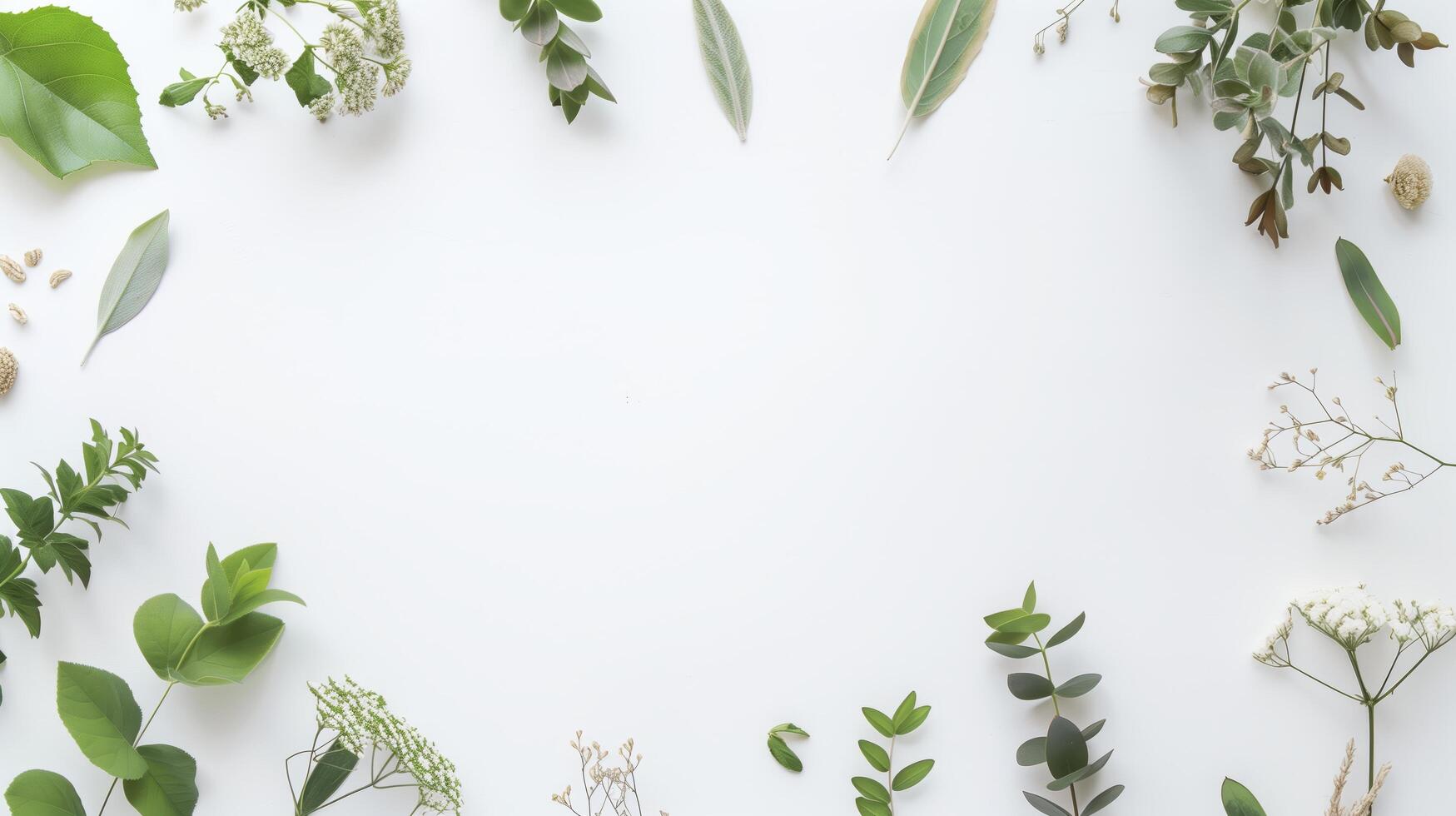 Green leaves and white flowers creating a border on a white backdrop photo