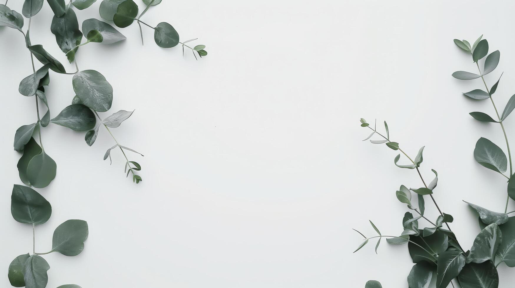 Eucalyptus branches create a minimalist and natural border on a clean, white surface photo