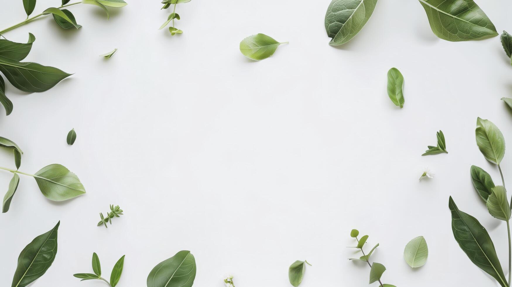 Frame of fresh green leaves is lying on a white background creating a copy space photo