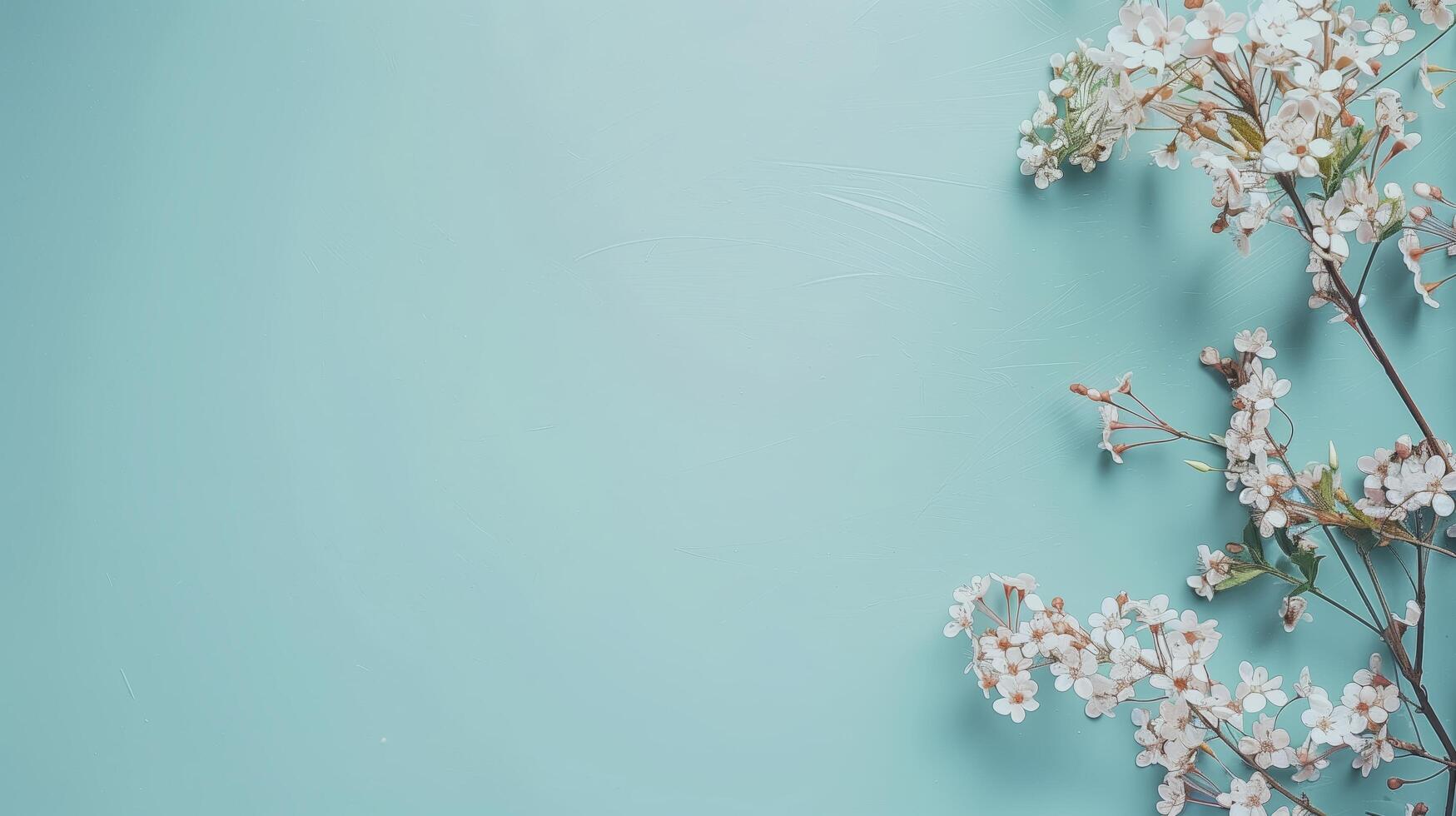 Spring-themed white flowers on blue background, forming a natural frame with space for text photo