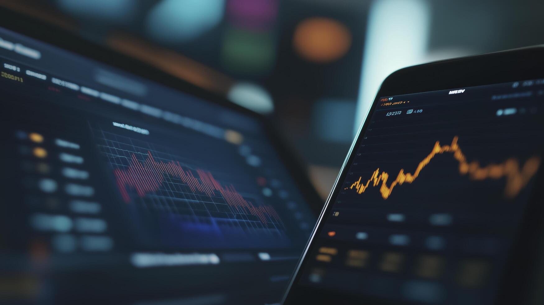 Close up of financial data displaying on multiple screens with a blurred background photo