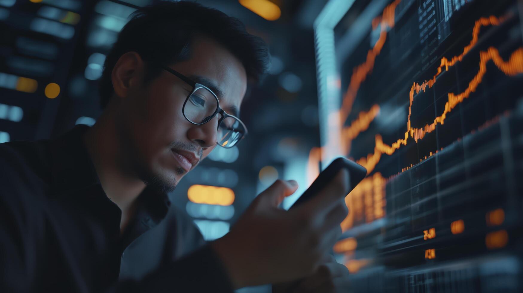 Financial analyst uses a smartphone to track stock market data in a server room photo