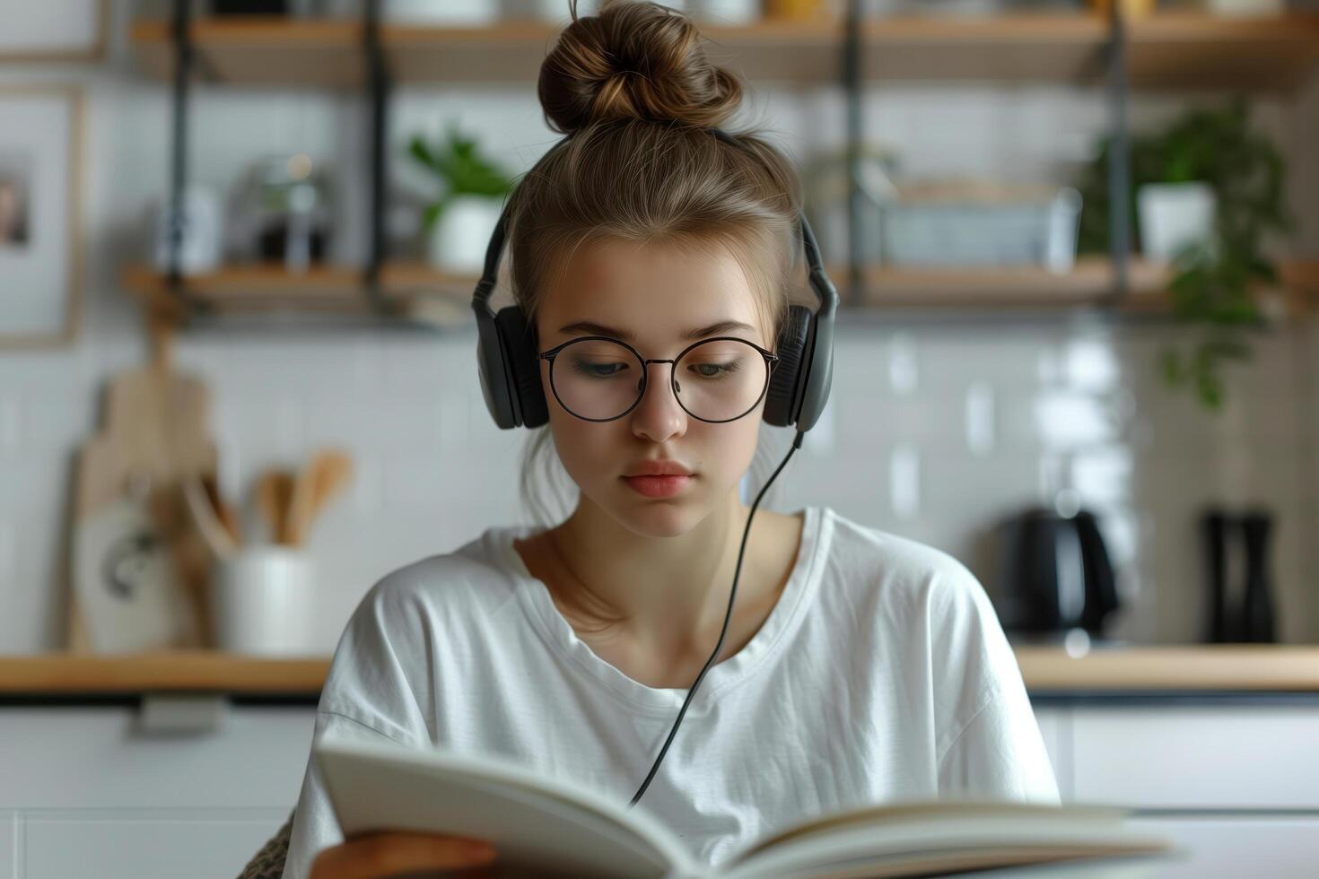Young woman wearing headphones is focused on her textbook while studying at home photo