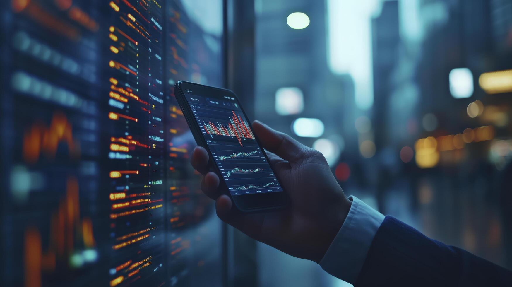At night, a businessman compares stock market data on his smartphone with a monitor at a city stock exchange photo