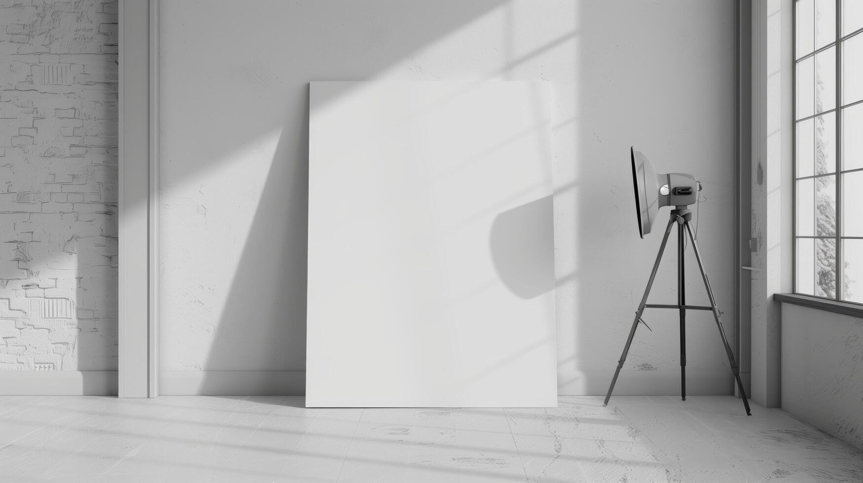 White canvas in a minimalist industrial space with a spotlight creating shadows on the wall photo