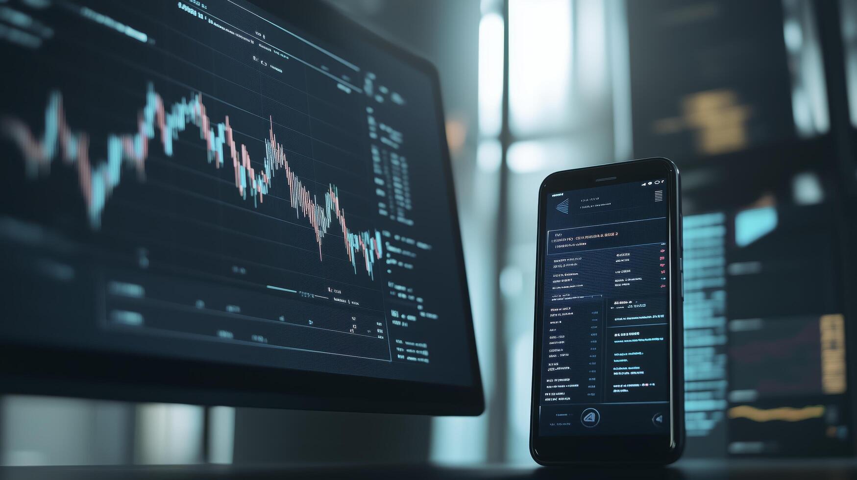 Stock market trader is analyzing cryptocurrency charts on multiple screens, looking for trading opportunities photo