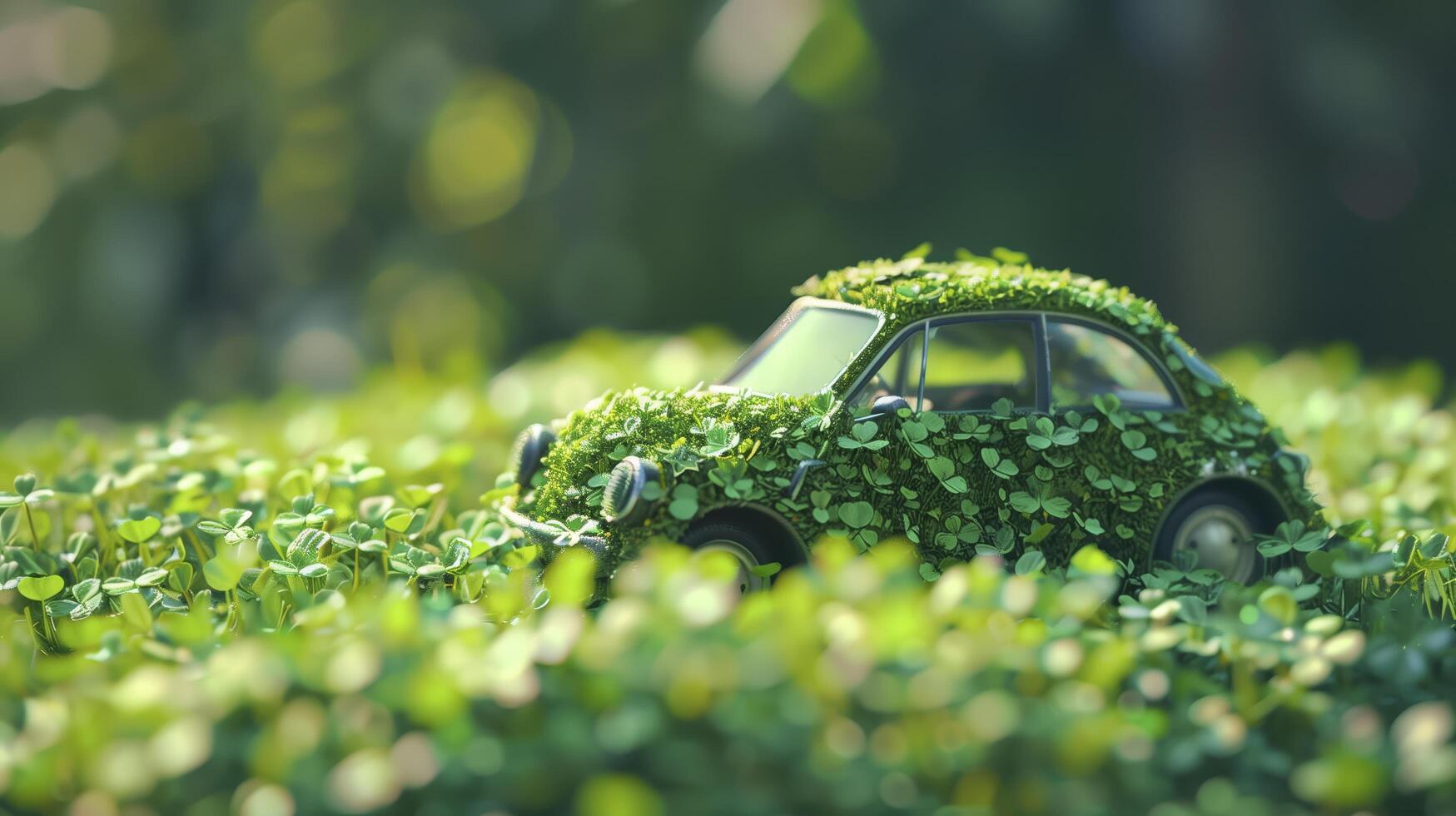 Tiny car adorned with clovers rests in a field, representing eco-friendly energy and sustainability photo