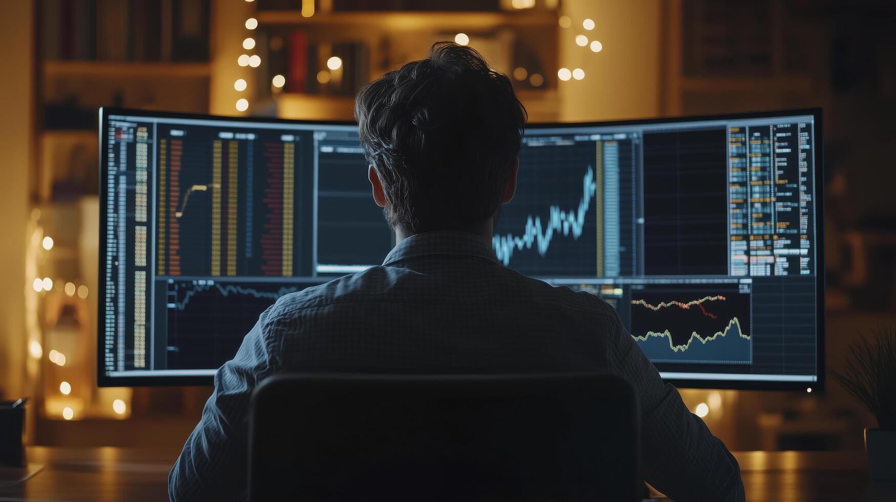 Financial analyst working late analyzing charts on a dual-monitor computer setup in his home office photo