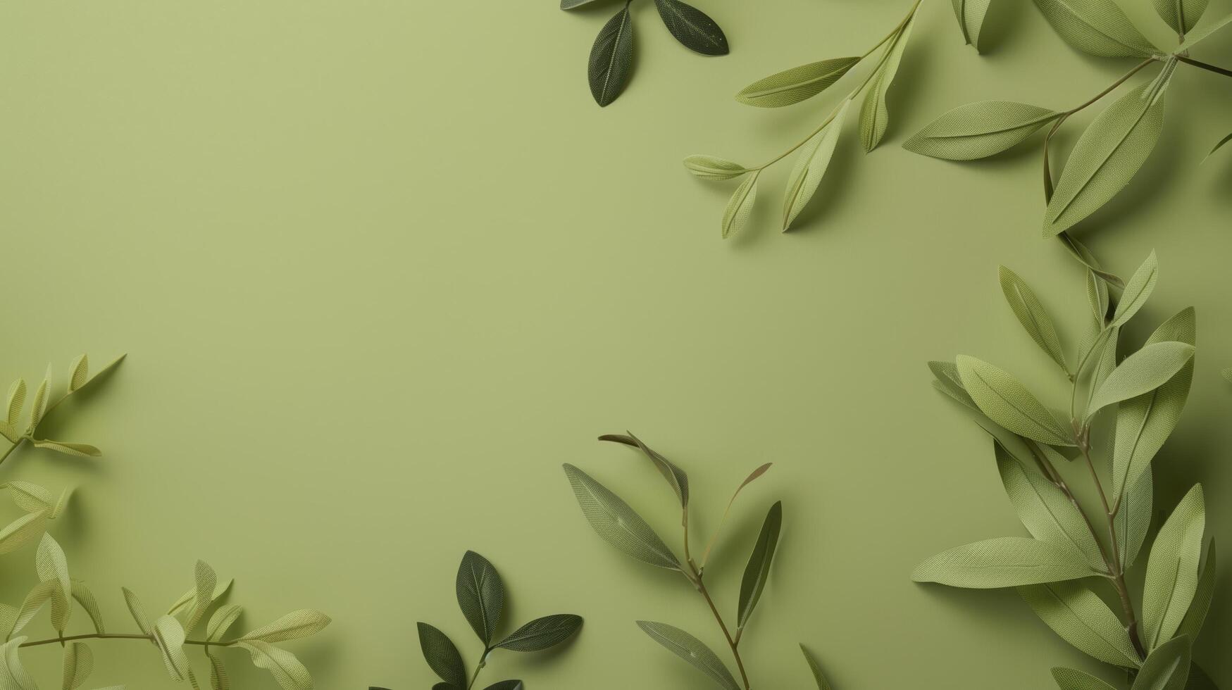 Olive branches creating a frame on a green background, ideal for showcasing a natural and sustainable brand photo