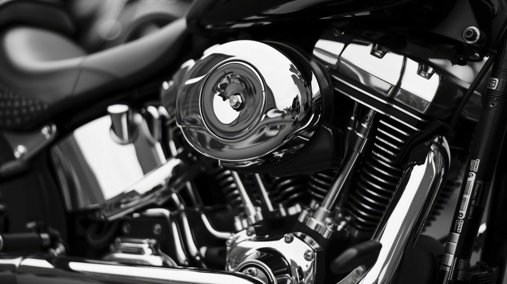 Beautiful close-up of a black and white chrome engine glistening in the sun, highlighting its custom style and intricate mechanics. Ideal for enthusiasts of classic american choppers photo