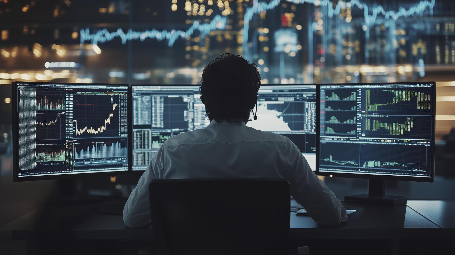 Stock market broker is working late, analyzing charts and graphs on multiple computer screens photo