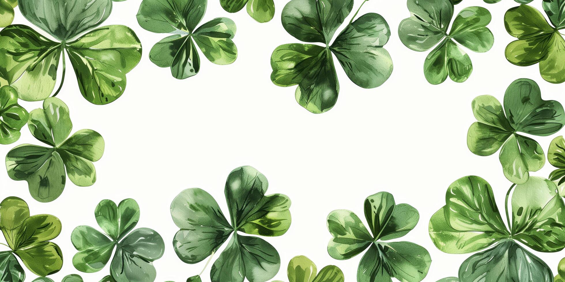 Green watercolor shamrock clover leaves border surrounding a white background, creating copy space photo