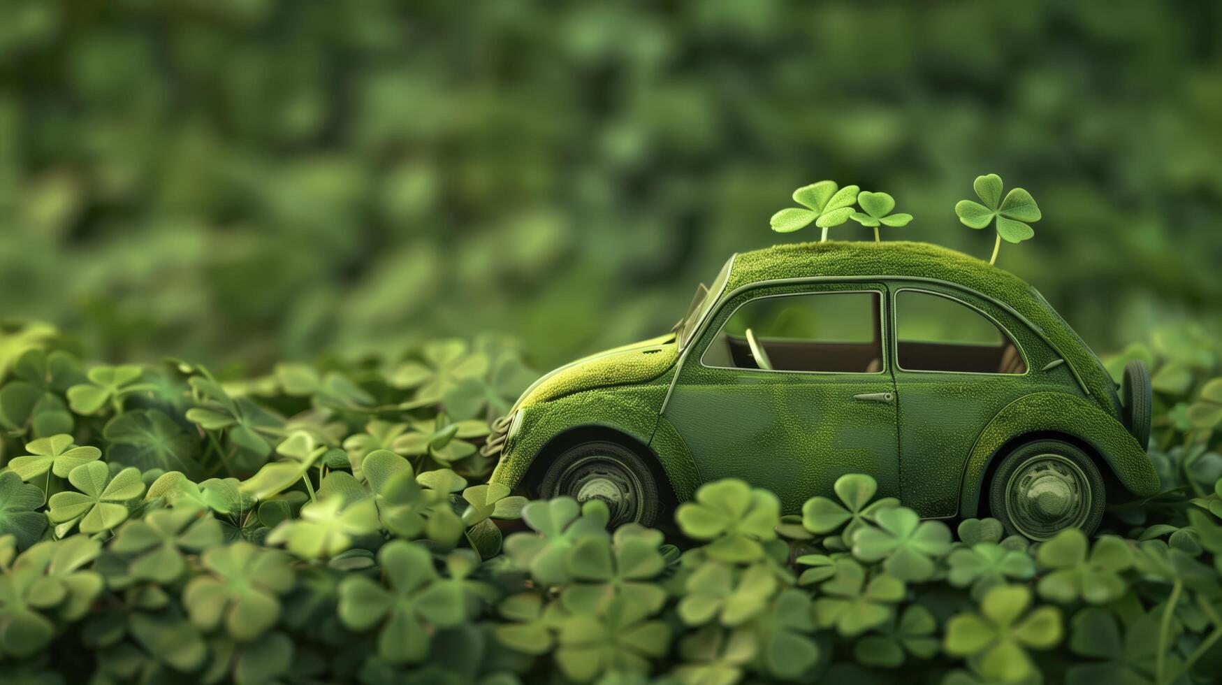 Green toy car is driving through a field of clover with three leaf clovers growing on its roof photo