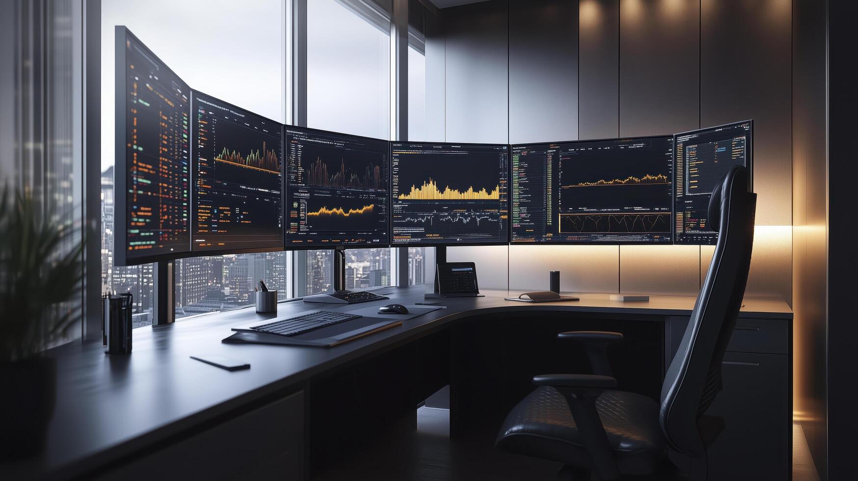 Modern office with a large desk and multiple curved computer monitors showing financial data photo