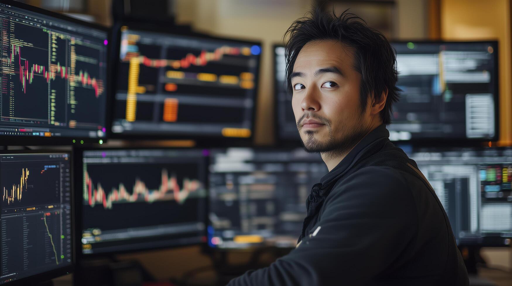 Stock market trader is studying cryptocurrency data on several computer screens and using real-time market trends to guide investment choices photo