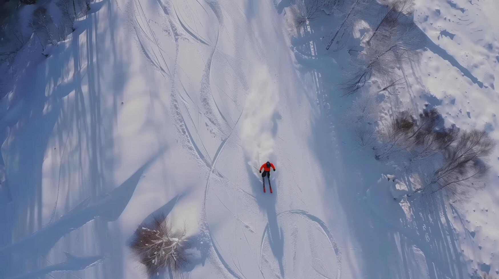 Skier carves a path through a snowy forest from an aerial perspective photo