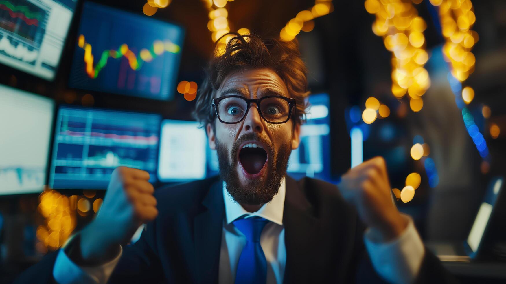 Financial trader successfully celebrates a trade in his office at night, surrounded by multiple computer screens showing stock market charts and data photo