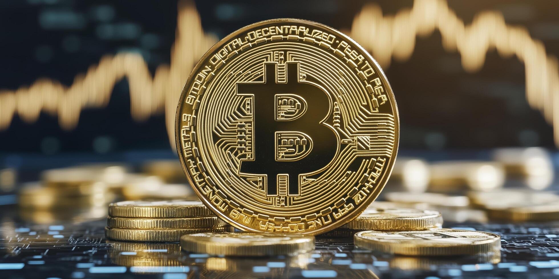 Close-up of a gold bitcoin coin on a circuit board, surrounded by other coins, with a stock market chart in the background photo