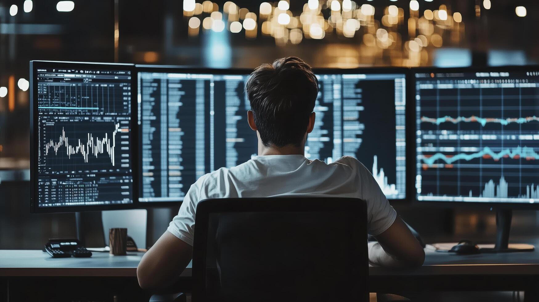 Late-night financial analyst surrounded by multiple monitors, analyzing charts and graphs photo